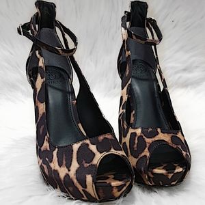 Guess Cheetah Print Peep Toe Ankle Strap Heels